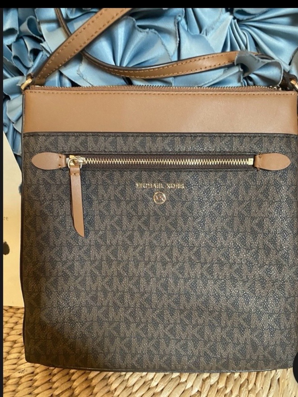 Michael Kors Brown Monogram Crossbody with Tan Trim